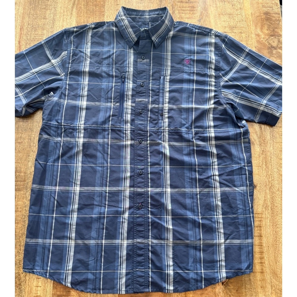 AriatTEK Heat Series Mens L Blue Plaid Vented Short Sleeve Performance Shirt